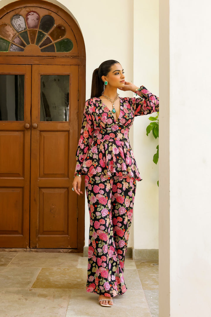 Black Rose Peplum Trouser Set