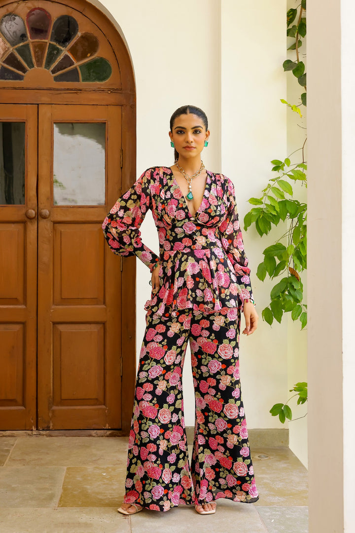 Black Rose Peplum Trouser Set