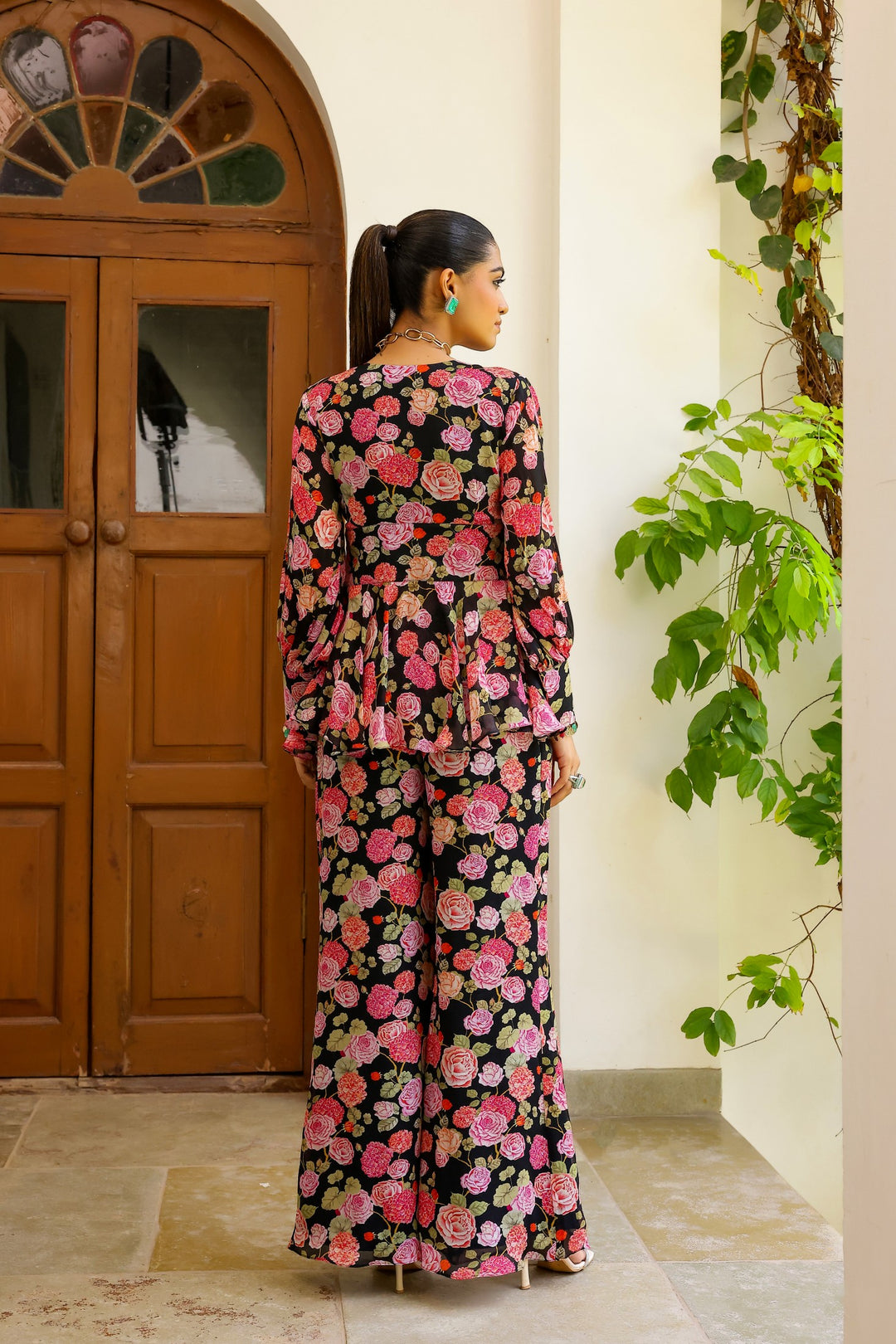 Black Rose Peplum Trouser Set