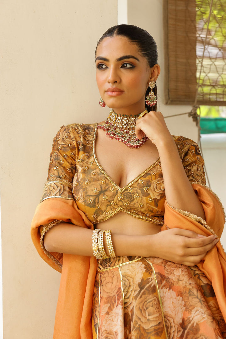 Peach & Gold Tissue Lehenga Set