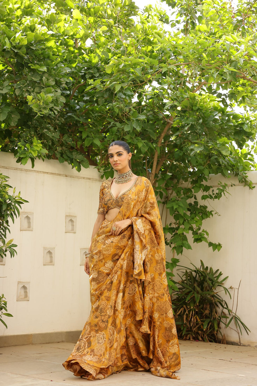 Gold Tissue Ruffle Saree Set
