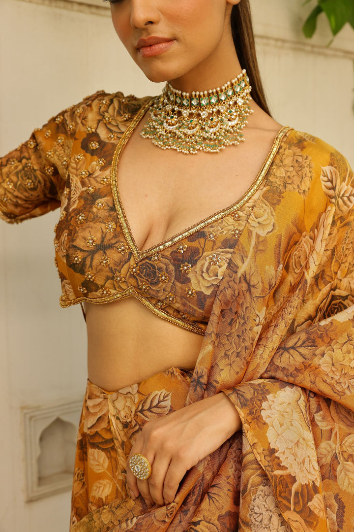 Gold Tissue Ruffle Saree Set