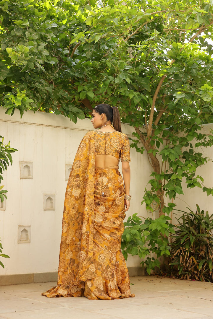 Gold Tissue Ruffle Saree Set