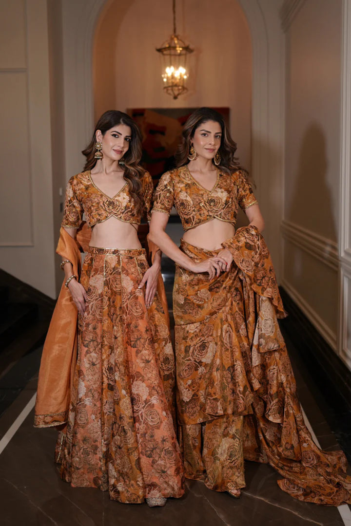 Priyanka Nagar in Peach & Gold Tissue Lehenga Set