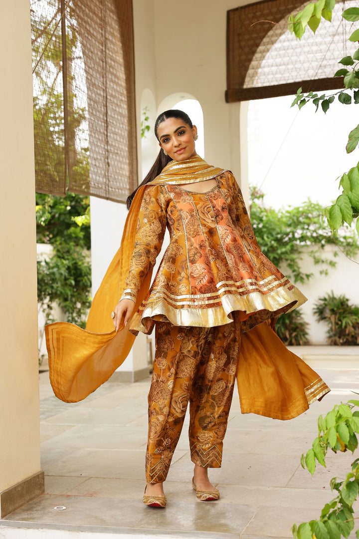 Peach & Gold Tissue Silk Two Tone Peplum Kurta