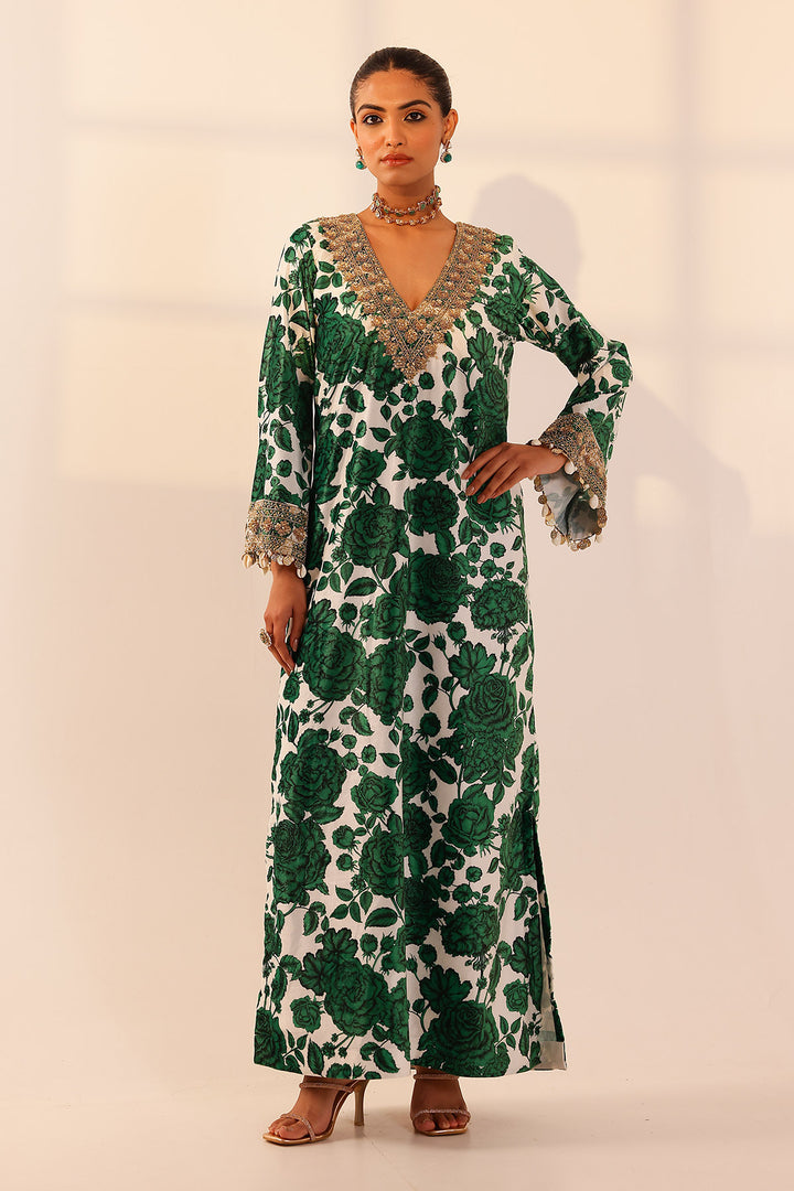 Green & white kaftan dress