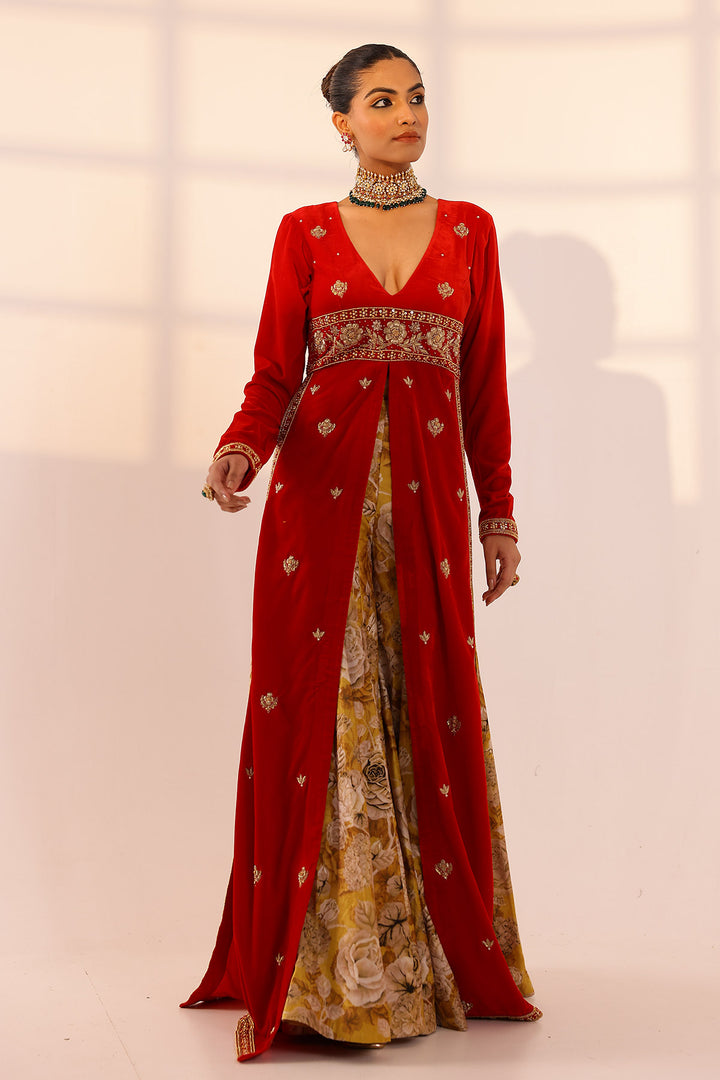 Red long kurta & sharara set