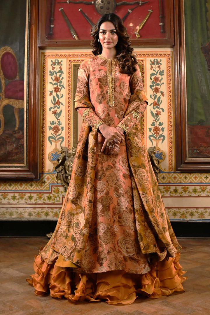 Peach & Gold Kurta Lehenga Set