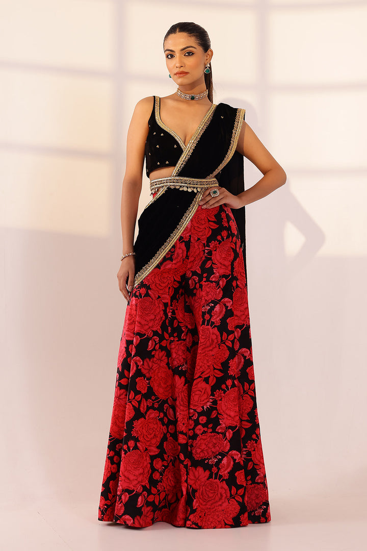 Red & black sharara saree set