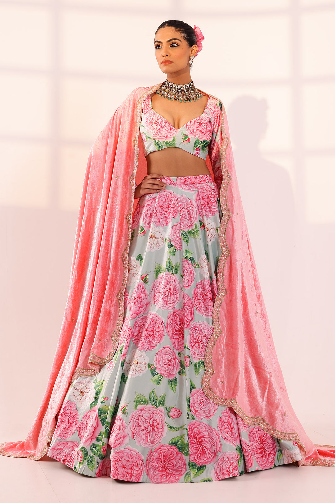 Mint green lehenga set (velvet dupatta)