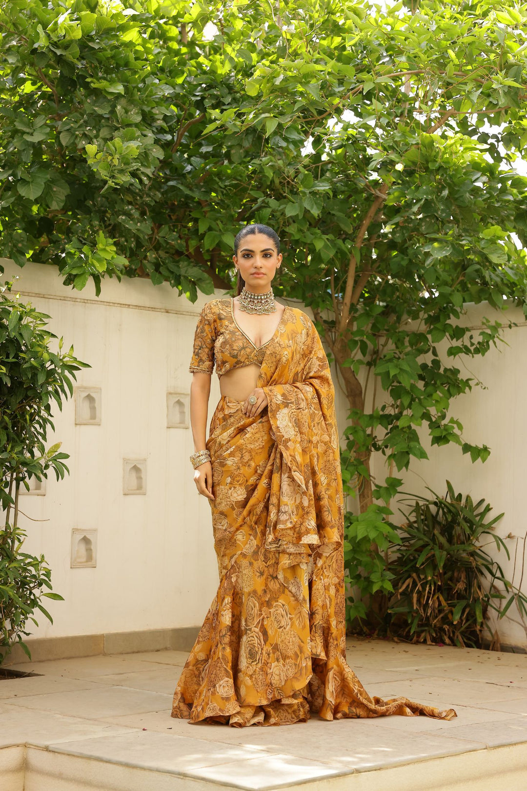 Gold Tissue Ruffle Saree Set