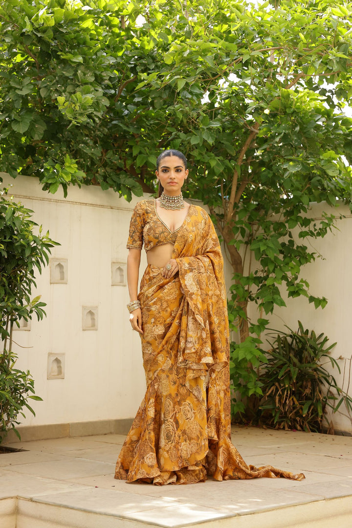 Gold Tissue Ruffle Saree Set