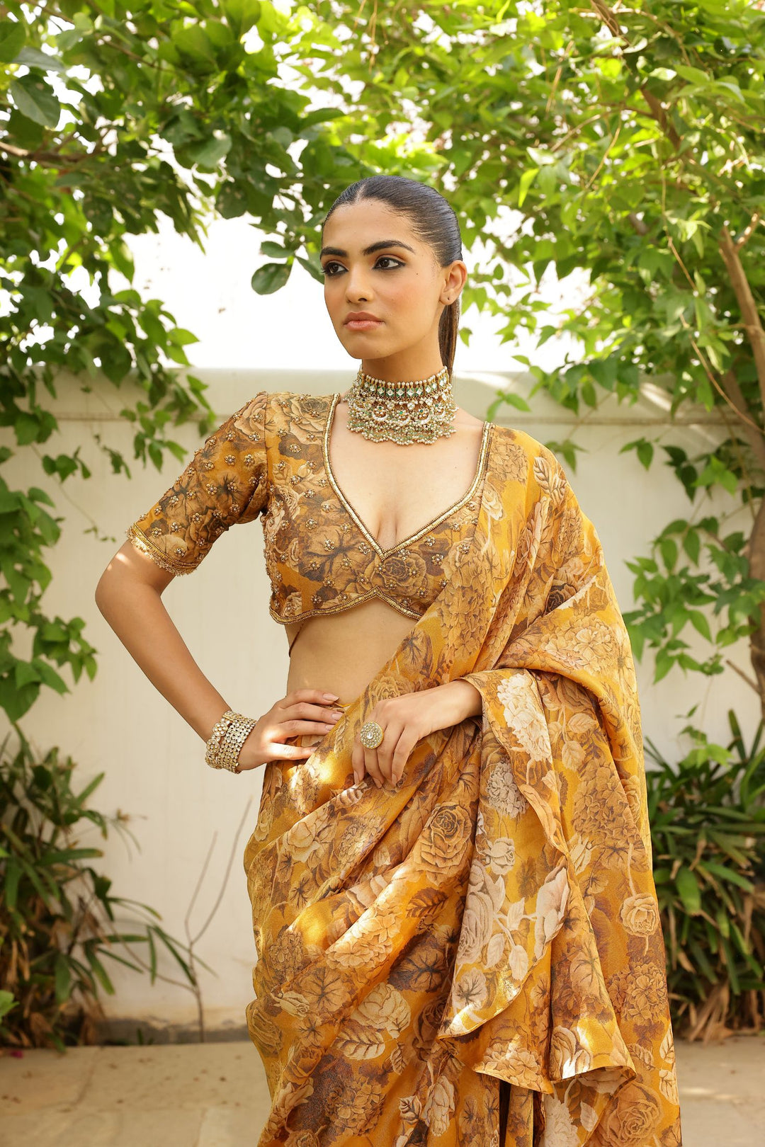 Gold Tissue Ruffle Saree Set