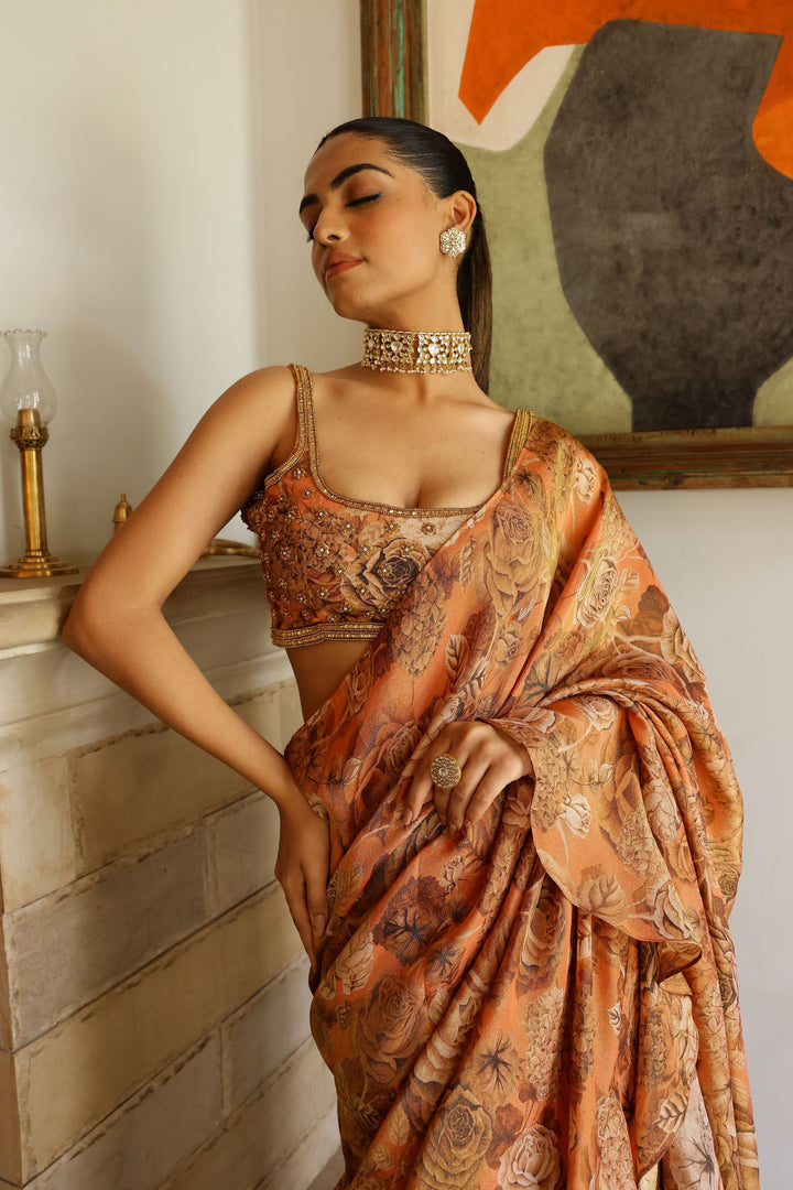 Peach Tissue Ruffle Saree Set