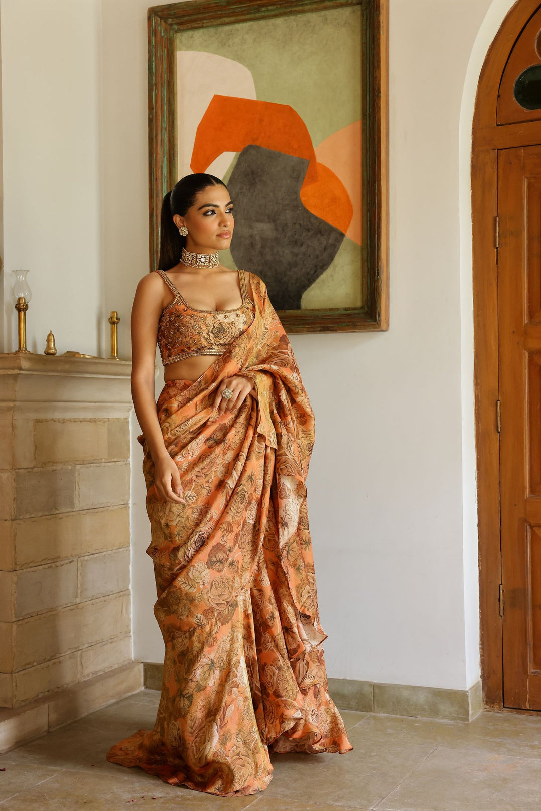 Peach Tissue Ruffle Saree Set