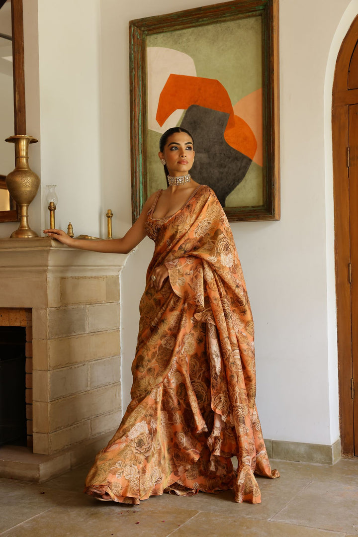 Peach Tissue Ruffle Saree Set