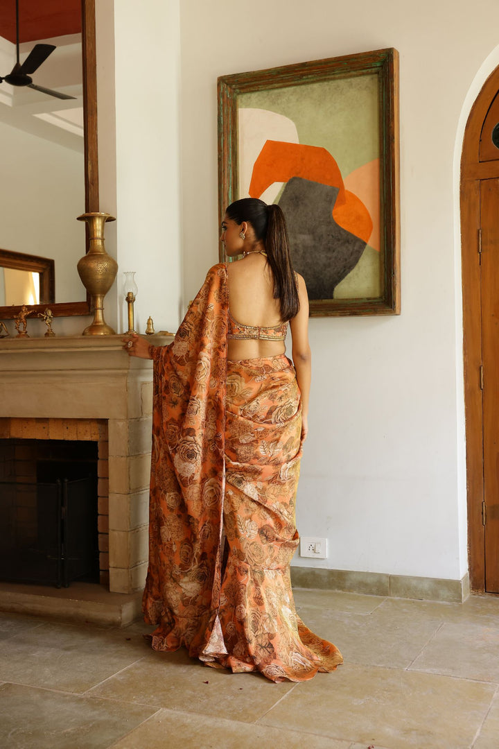 Peach Tissue Ruffle Saree Set