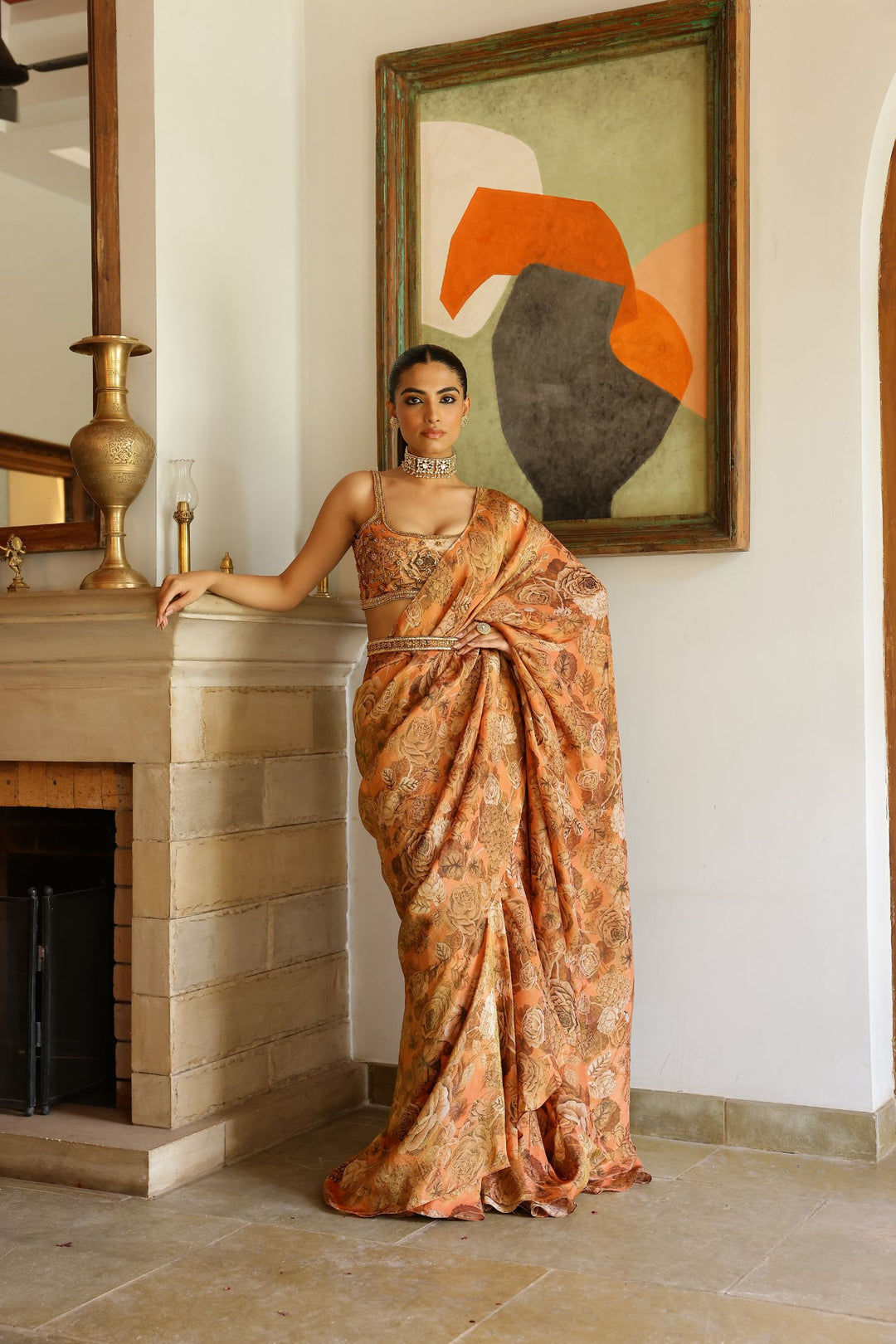 Peach Tissue Ruffle Saree Set