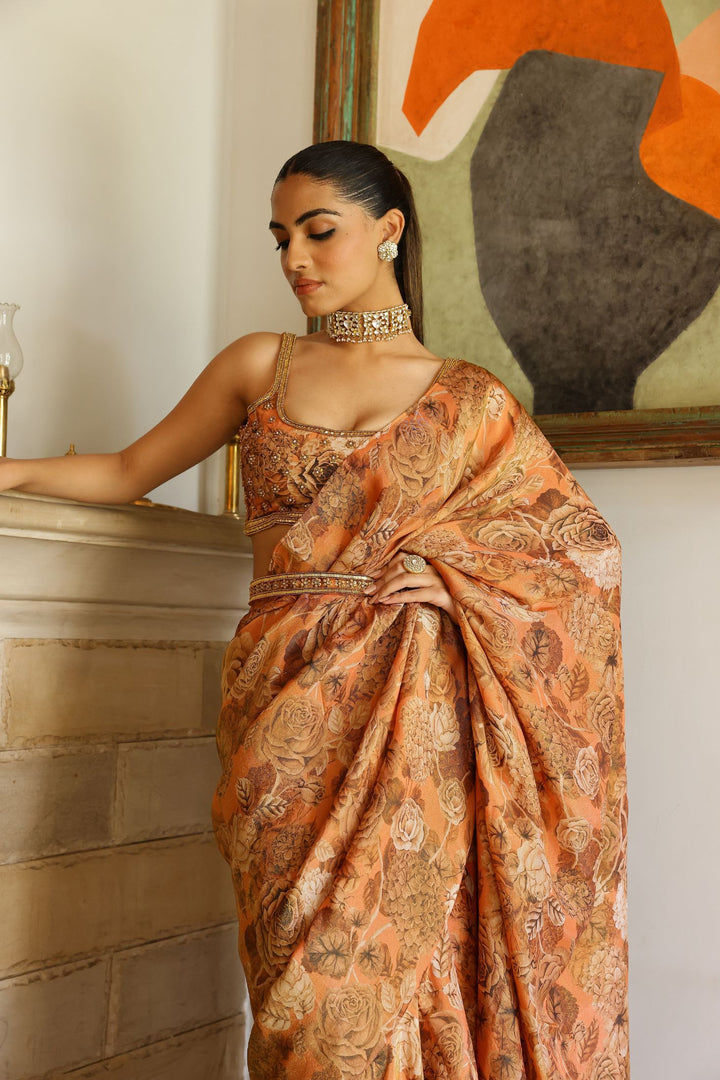 Peach Tissue Ruffle Saree Set