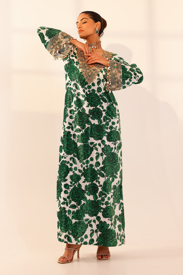 Green & white kaftan dress