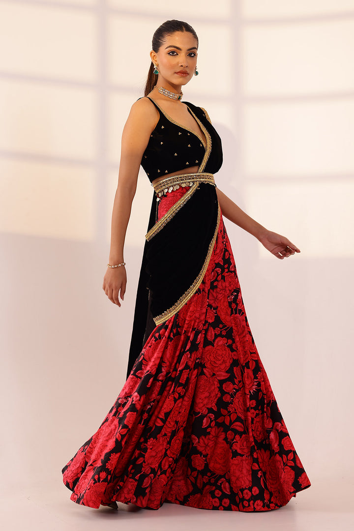 Red & black sharara saree set