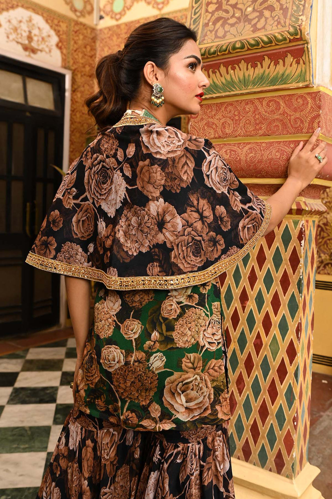 Green & Black Sharara Cape Set