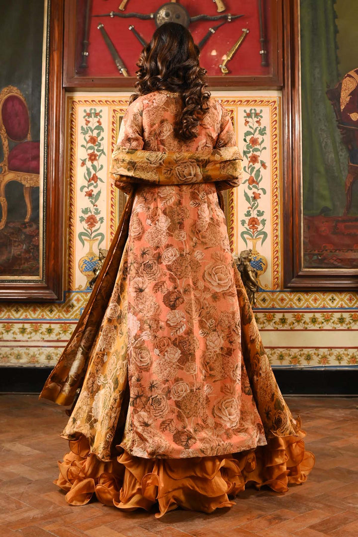 Peach & Gold Kurta Lehenga Set