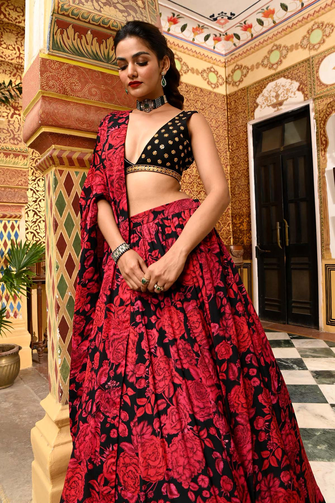 Black & Red Kalidar Lehenga Set