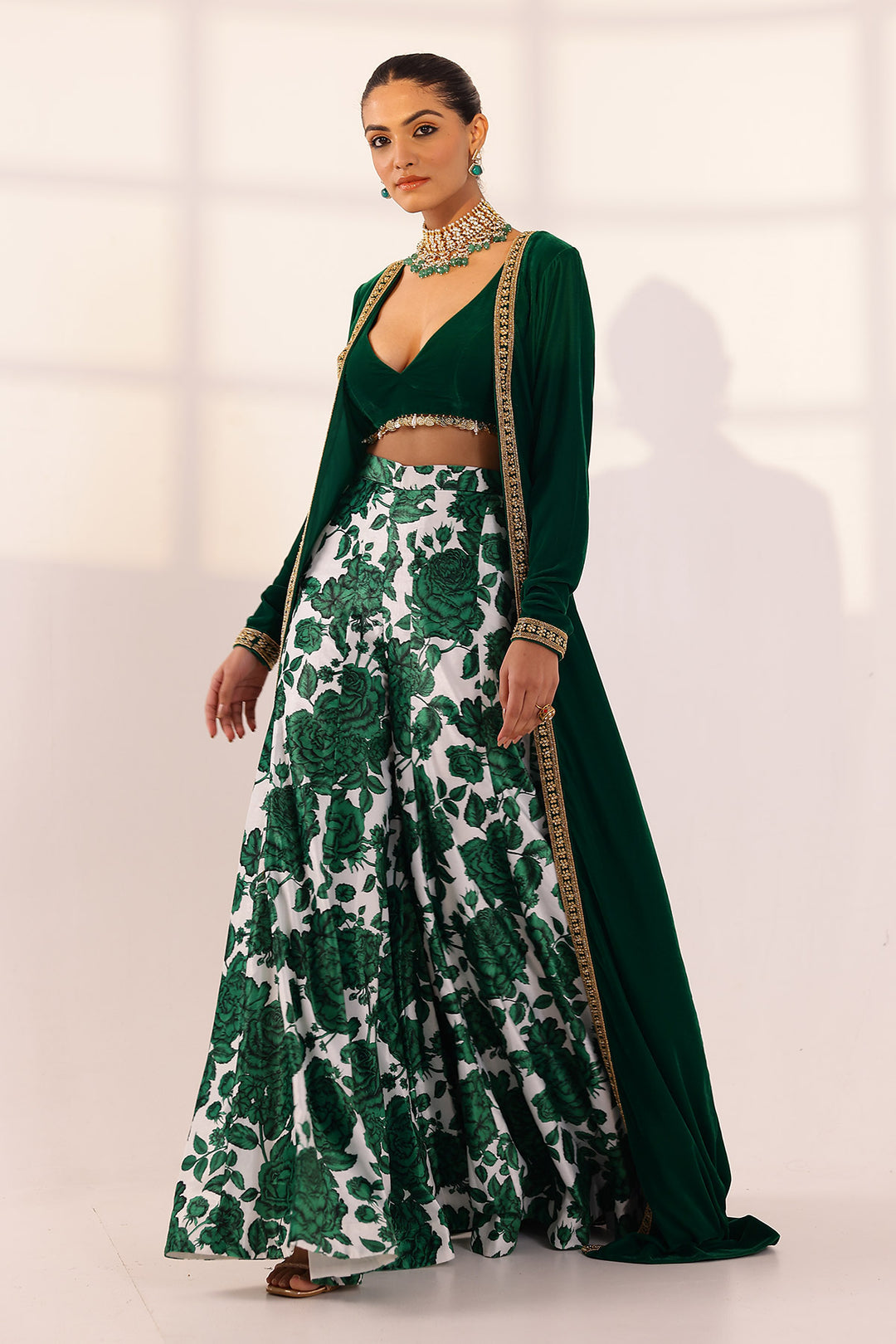 Green & white cape trouser set