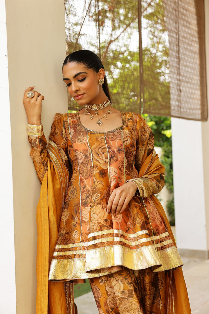 Peach & Gold Tissue Silk Two Tone Peplum Kurta