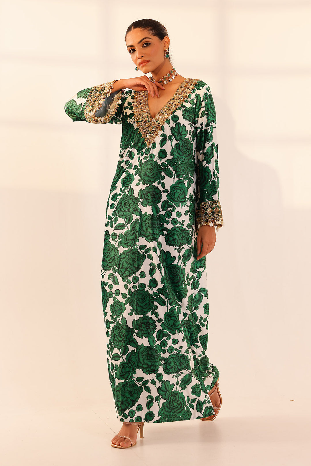 Green & white kaftan dress