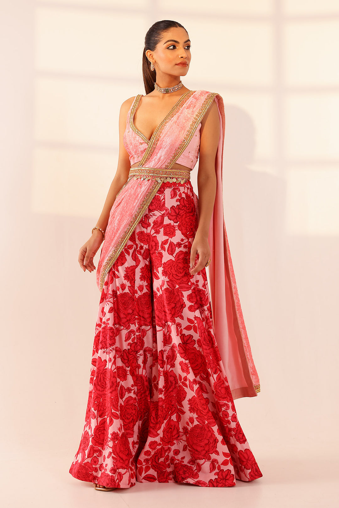 Red & pink sharara saree set