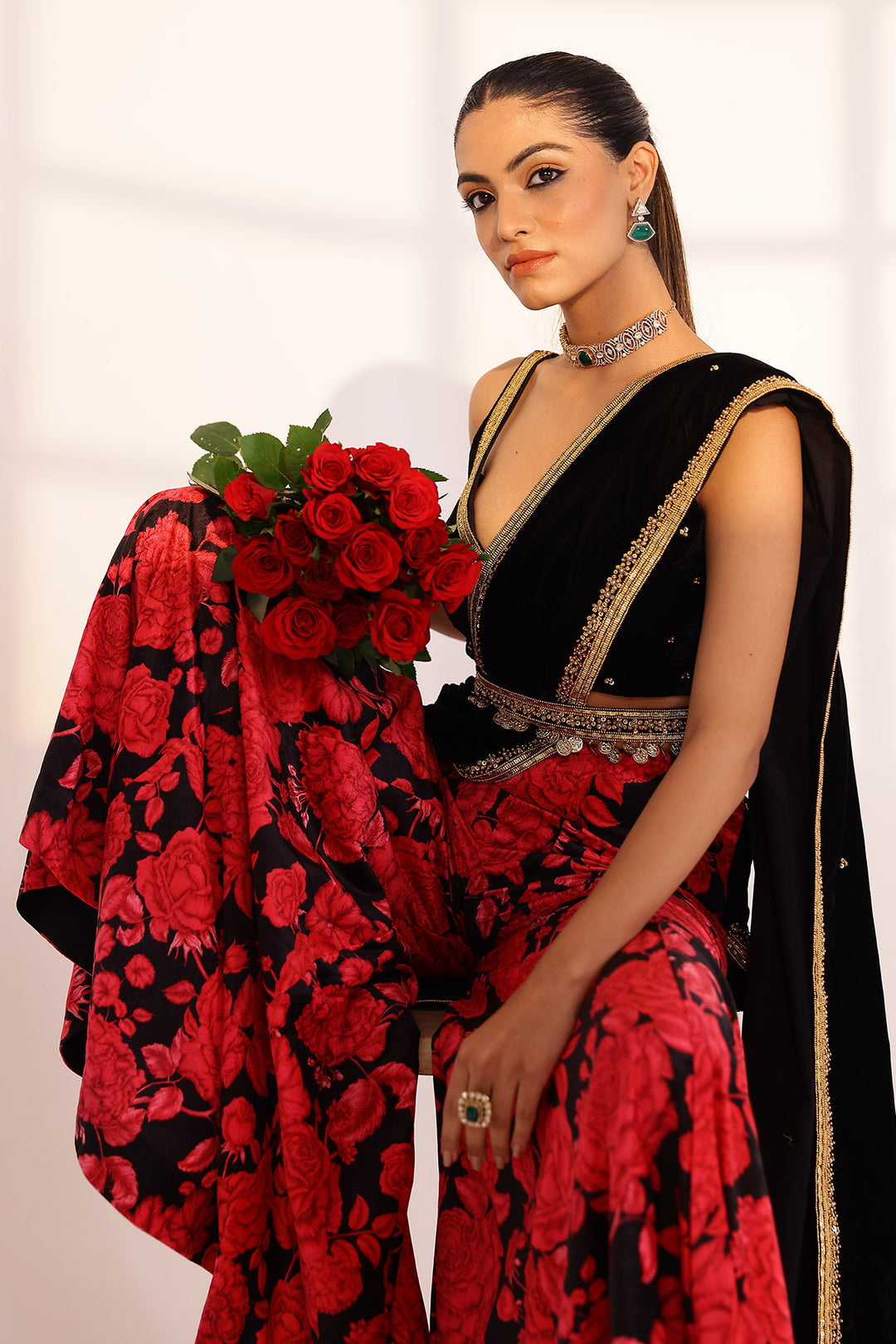 Red & black sharara saree set