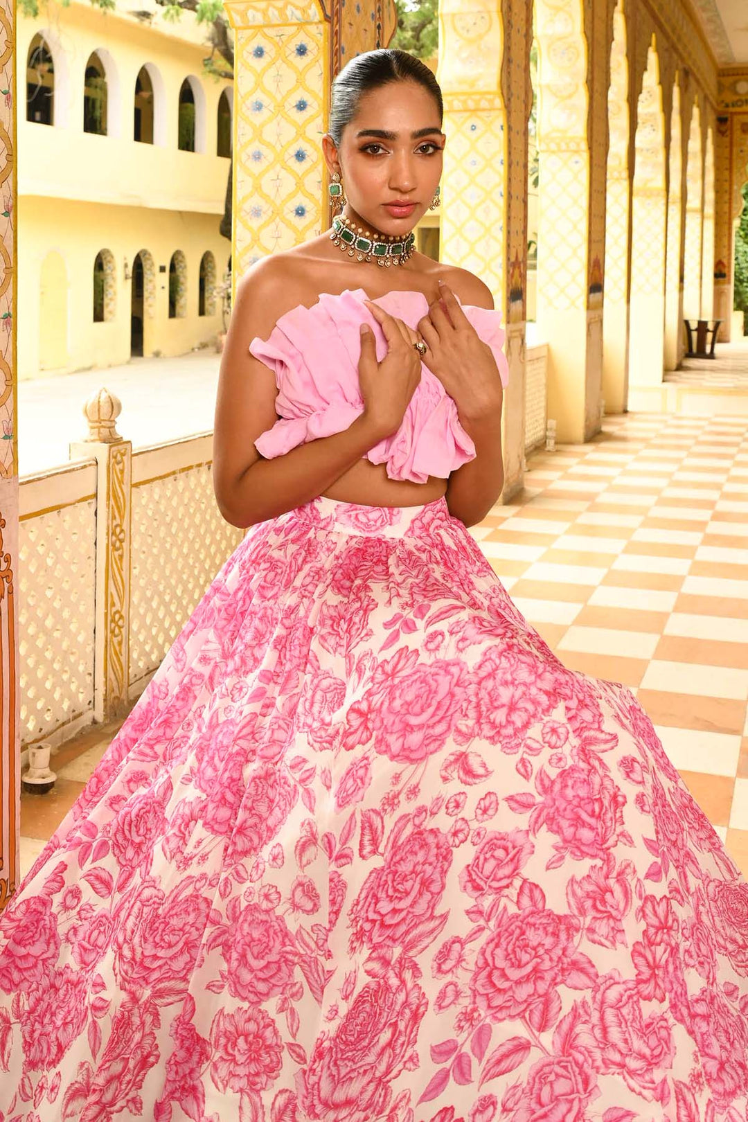 Baby Pink Ruffle Blouse & Lehenga Set