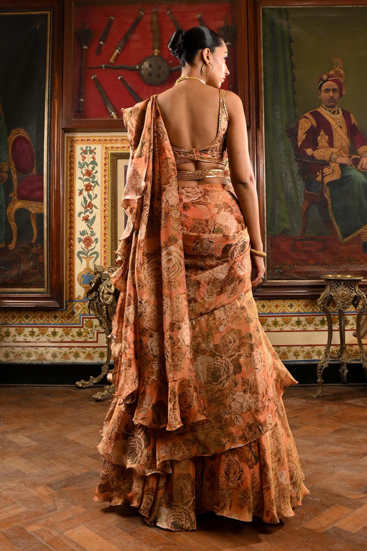 Peach Tissue Ruffle Saree Set