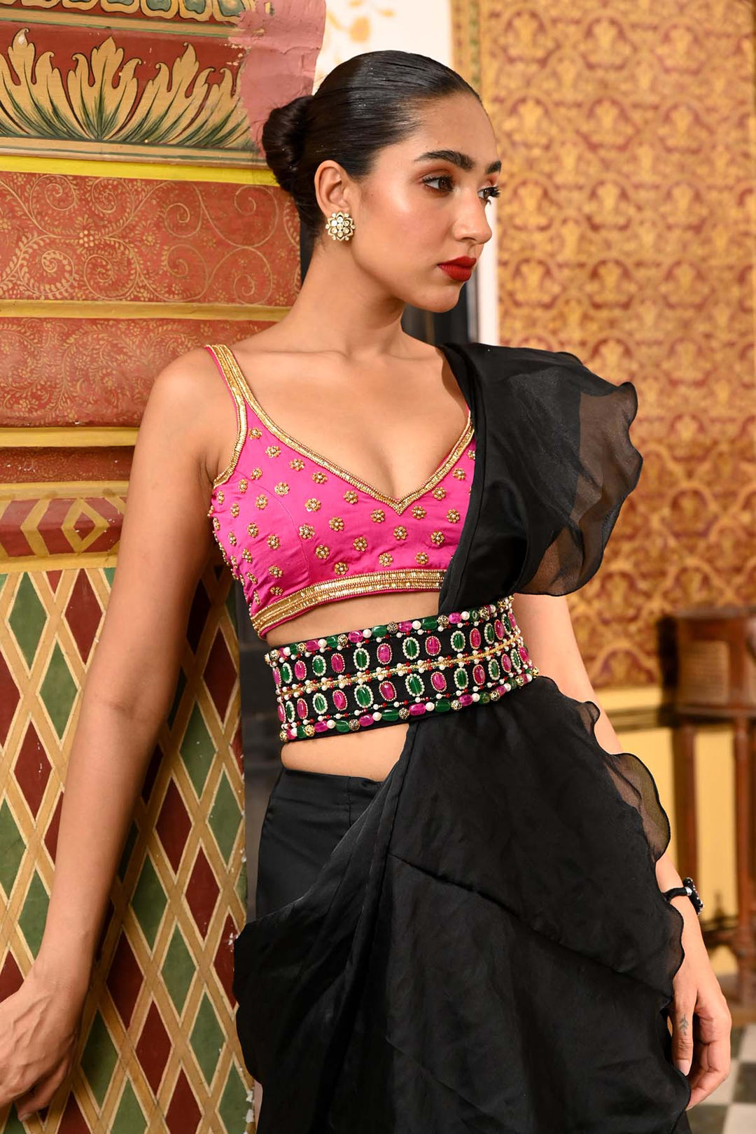 Hot Pink & Black Organza Ruffle Saree Set