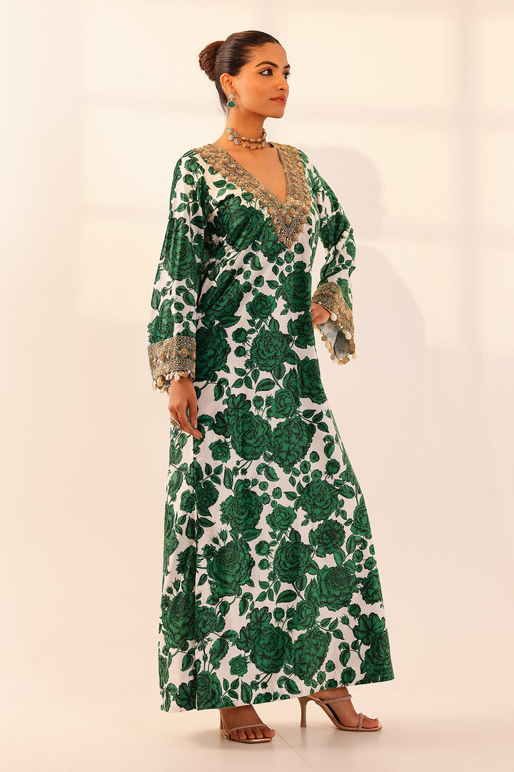 Green & white kaftan dress