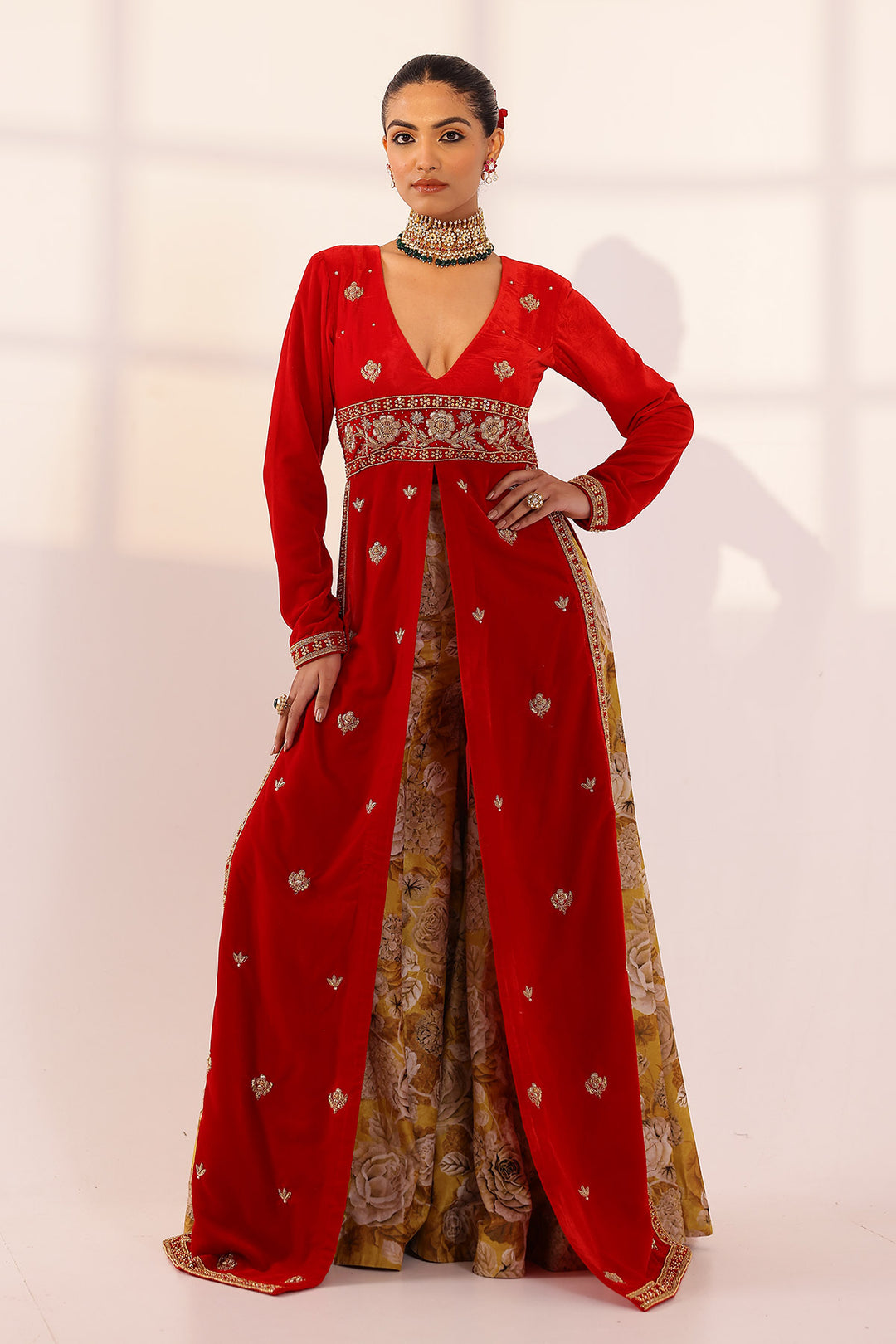 Red long kurta & sharara set