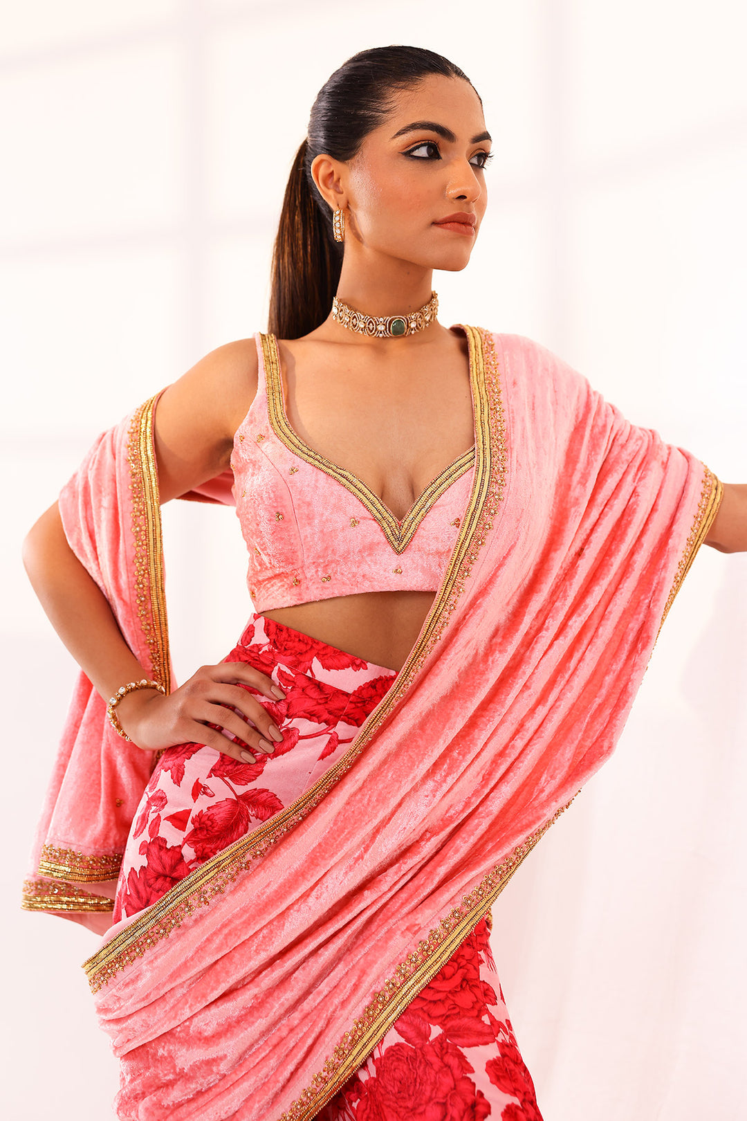 Red & pink sharara saree set