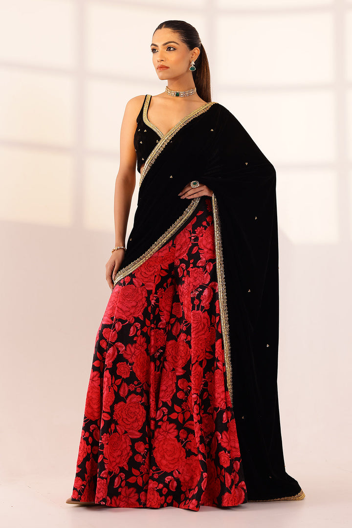 Red & black sharara saree set