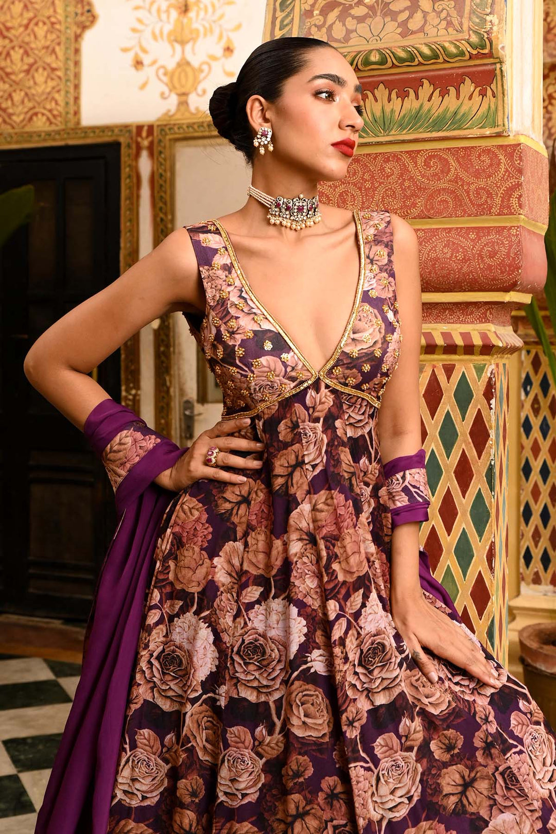 Purple Floral Anarkali Set