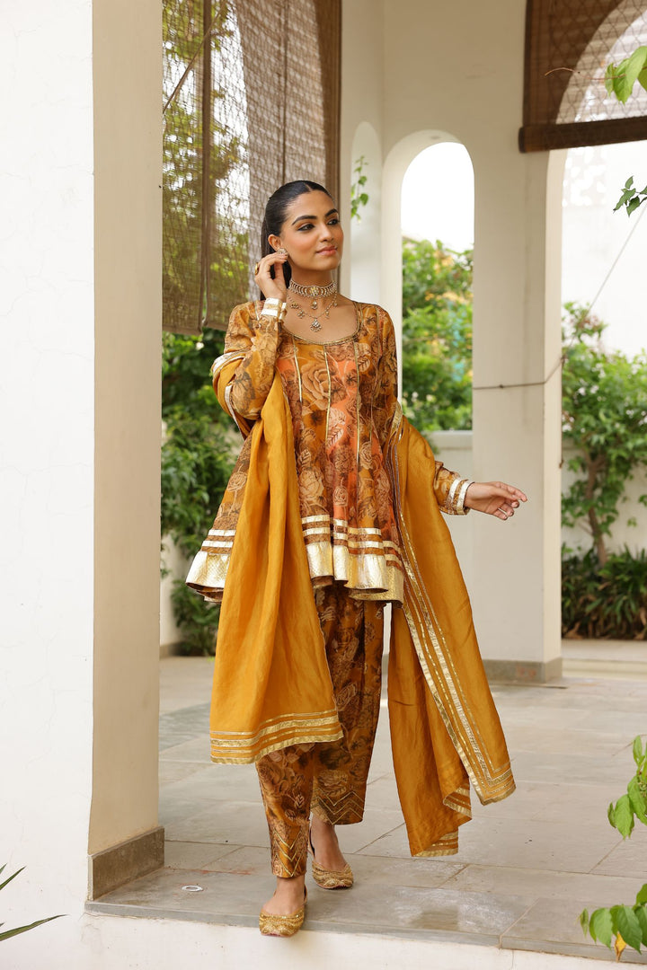 Peach & Gold Tissue Silk Two Tone Peplum Kurta