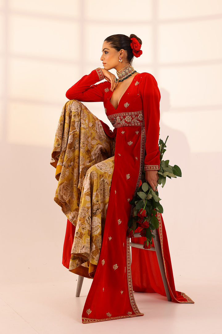 Red long kurta & sharara set