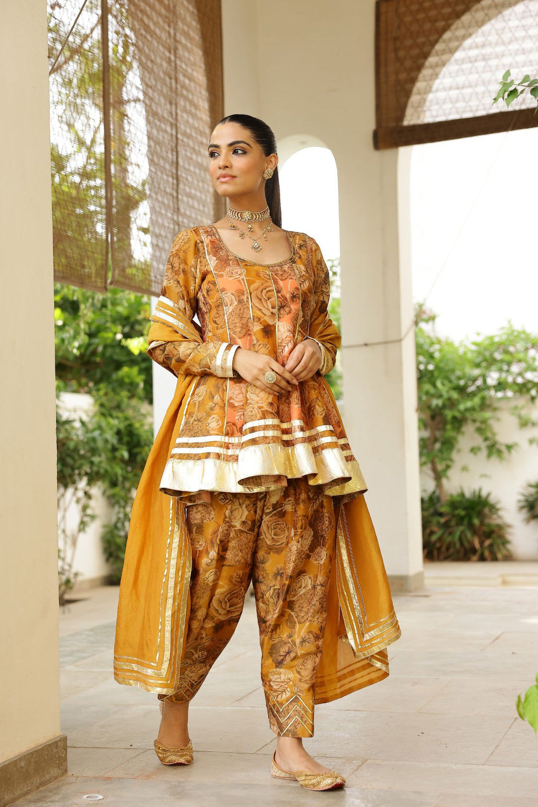Peach & Gold Tissue Silk Two Tone Peplum Kurta