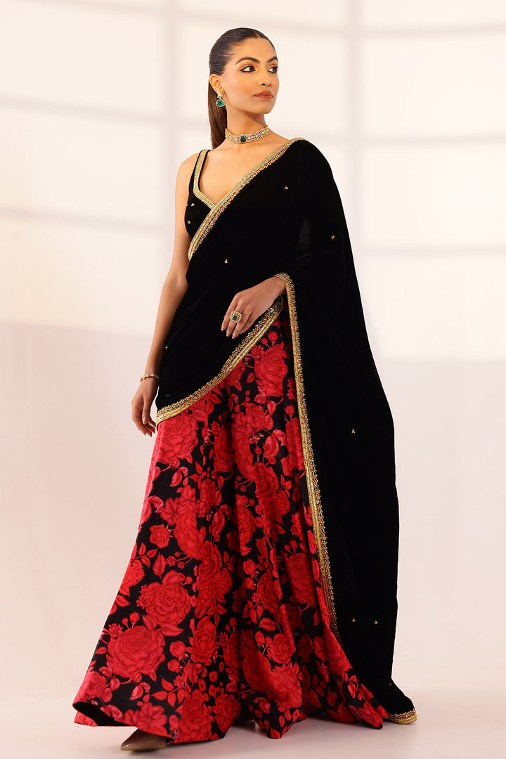 Red & black sharara saree set