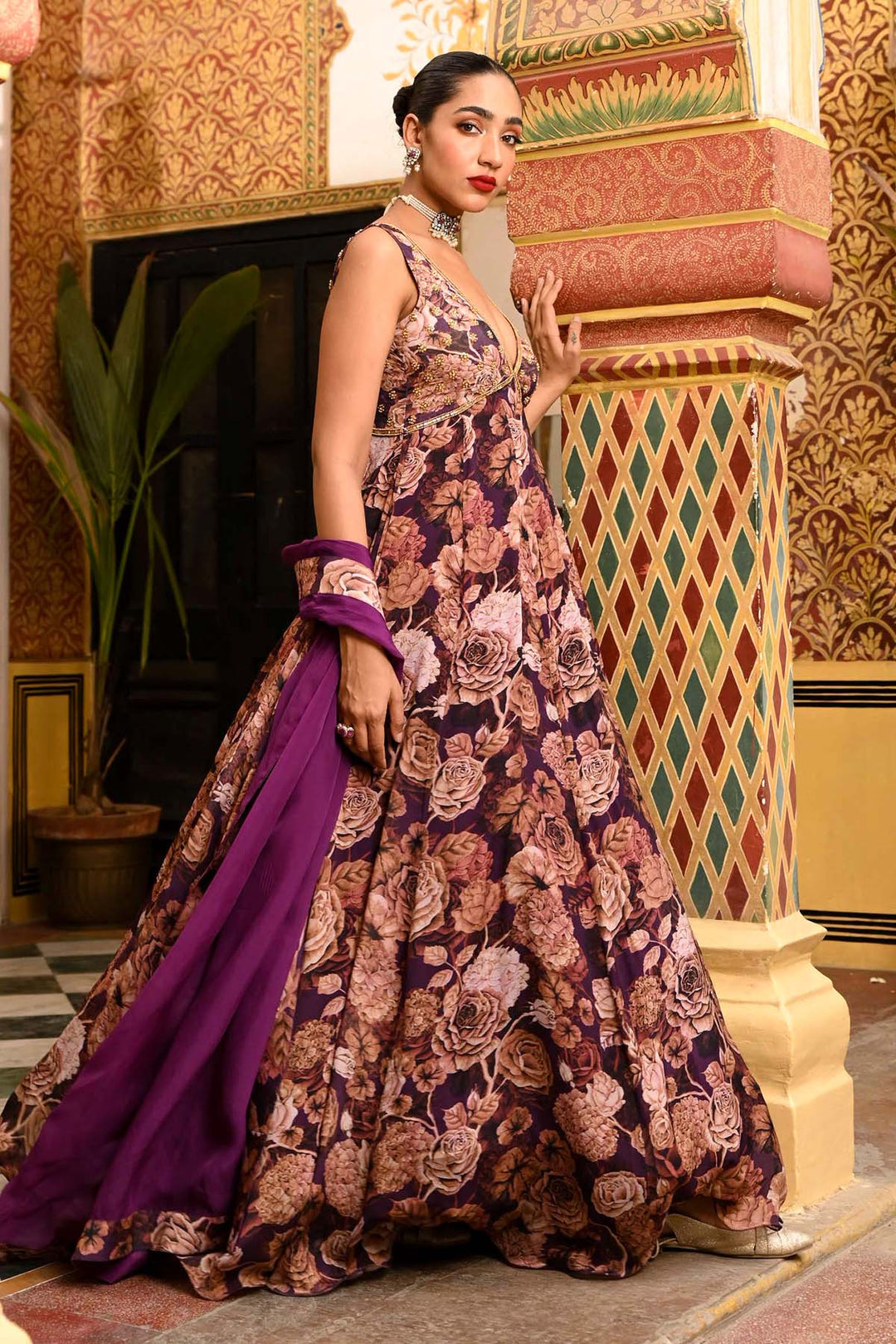 Purple Floral Anarkali Set