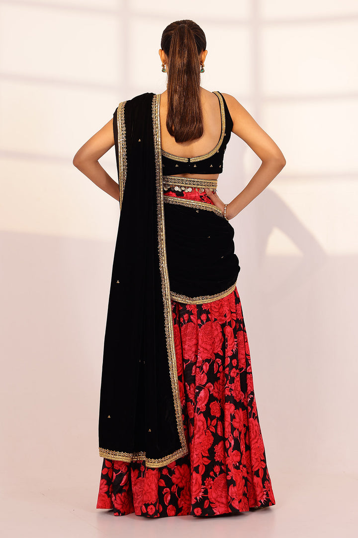 Red & black sharara saree set