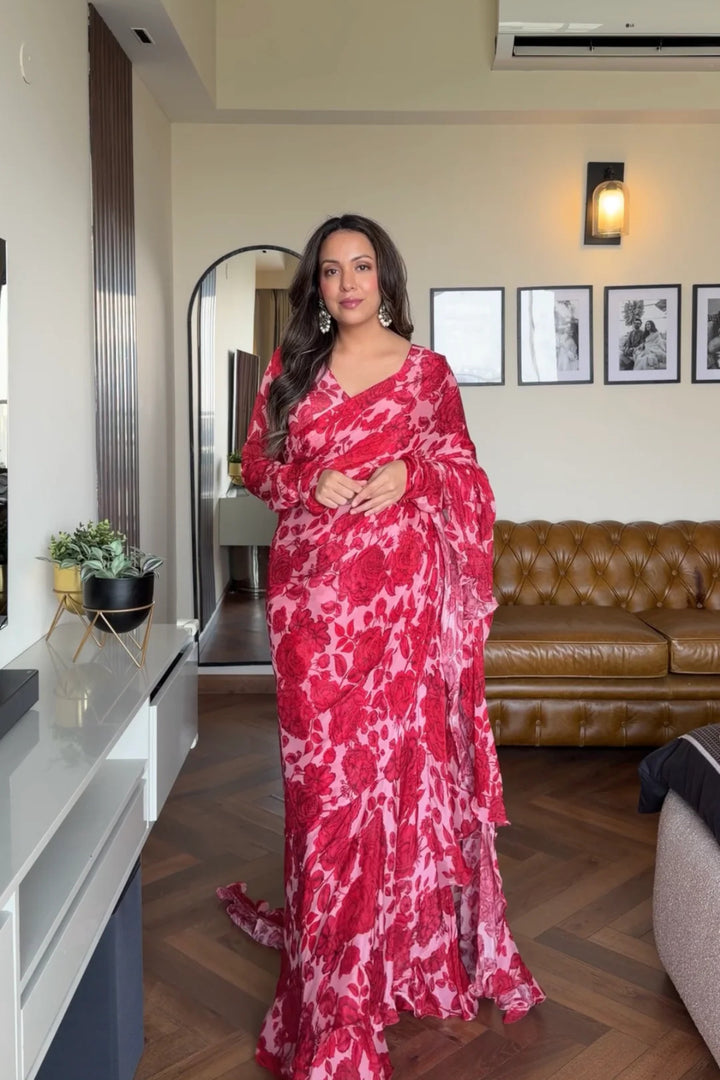Malvika in Red & Pink Ruffle Saree Set