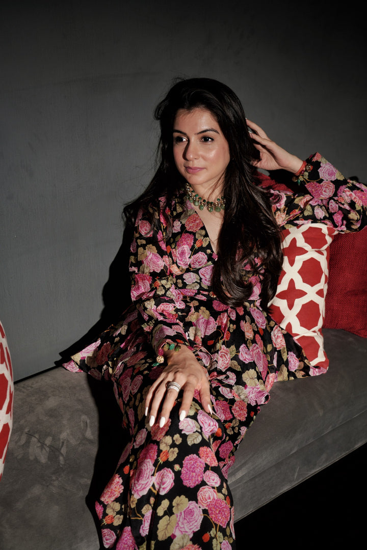 Manat Lamba In Black Rose Peplum Trouser Set
