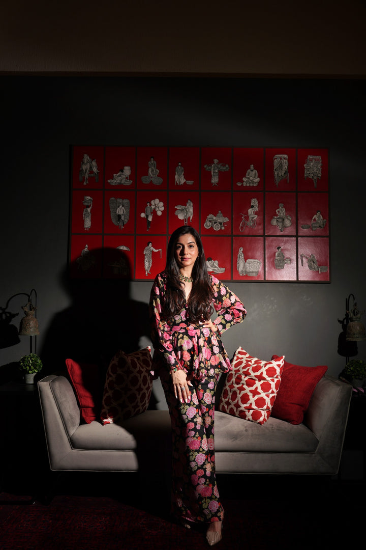 Manat Lamba In Black Rose Peplum Trouser Set